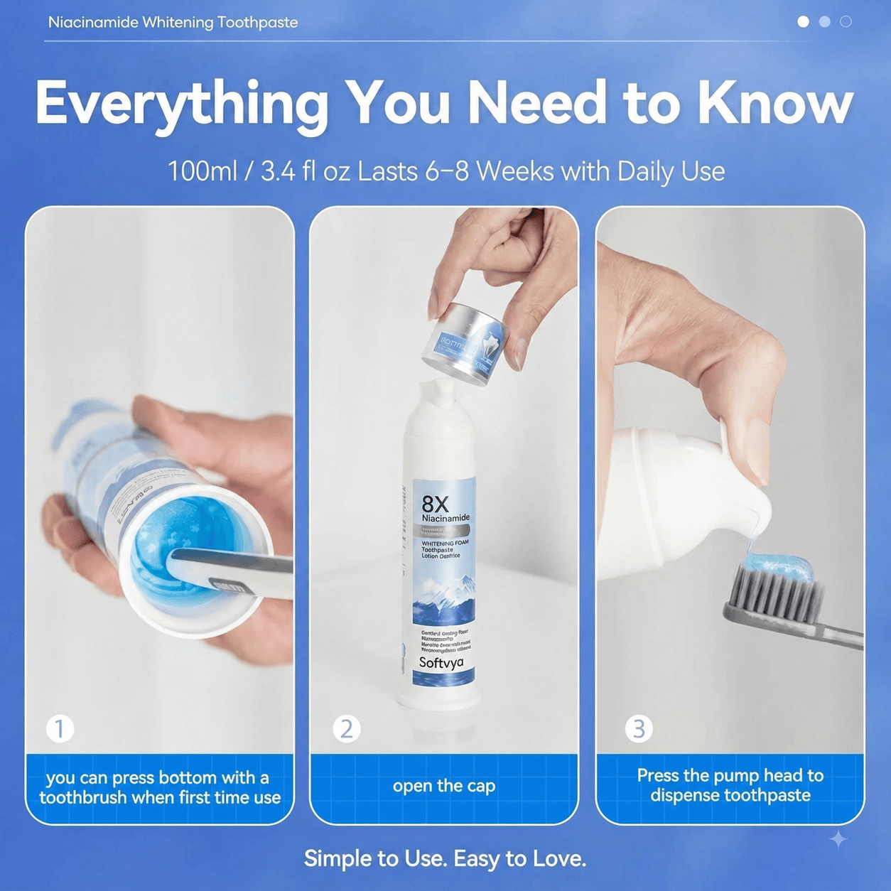 Three-step instructions for using the foaming toothpaste pump