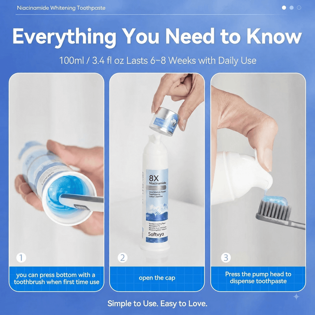 Three-step instructions for using the foaming toothpaste pump