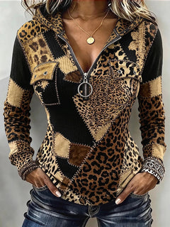 WildPatch – 🤲⏰ Chic Animal Patchwork Print Ribbed Hooded Top