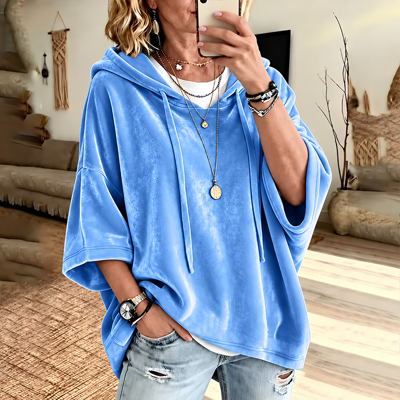 PlushDrape – Women's Velour Oversized Hoodie with 3/4 Sleeves