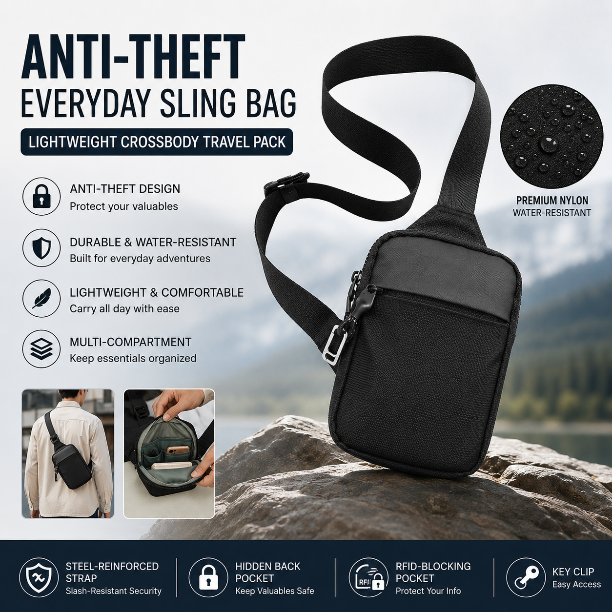 SlingGuard – Anti-Theft Everyday Sling Bag, Lightweight Crossbody Travel Pack