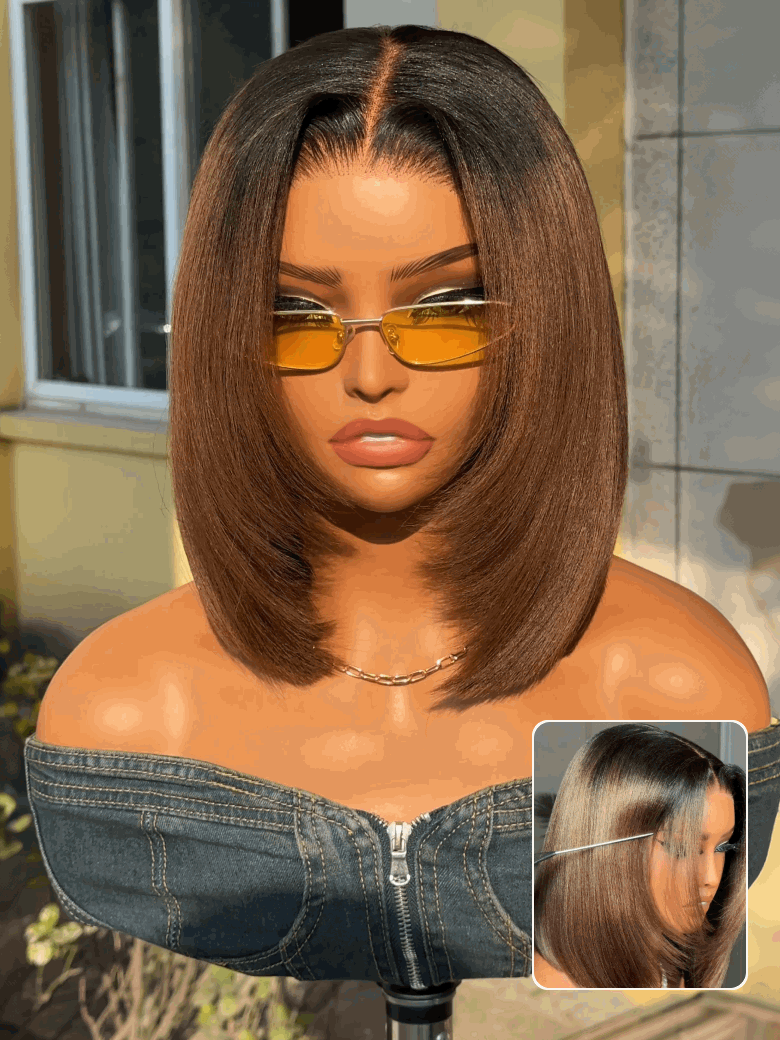 ChestnutGlide – Ombre Chestnut Brown Yaki Straight 7x5 Glueless Human Hair Wig with Drawstring
