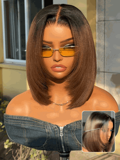 ChestnutGlide – Ombre Chestnut Brown Yaki Straight 7x5 Glueless Human Hair Wig with Drawstring