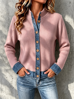 DenimEase – Women's Denim-Paneled Knit Cardigan