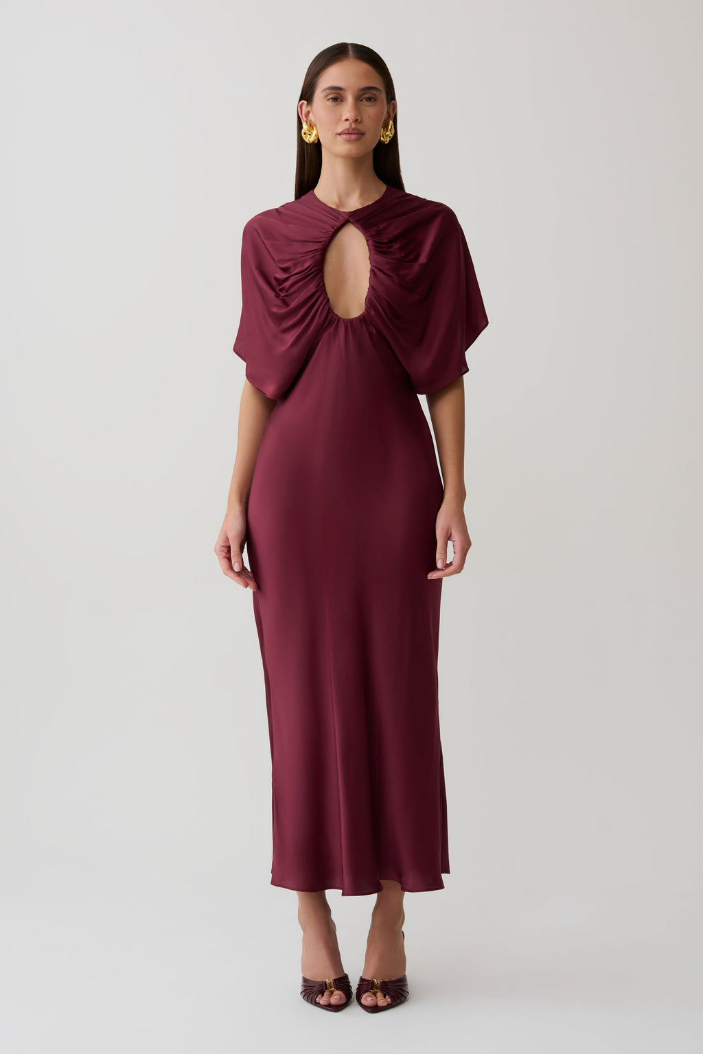 SatinDrape – Burgundy Cut-Out Satin Midi Dress