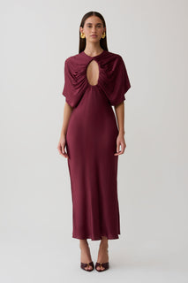 SatinDrape – Burgundy Cut-Out Satin Midi Dress