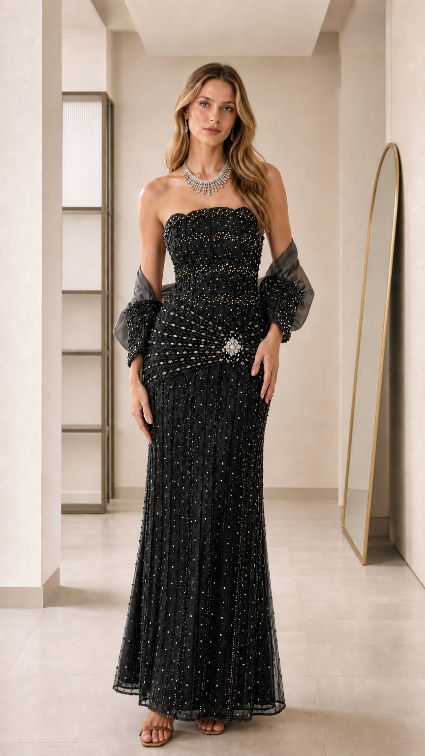 GlimmerGala – Embellished Strapless Evening Gown with Sheer Bolero