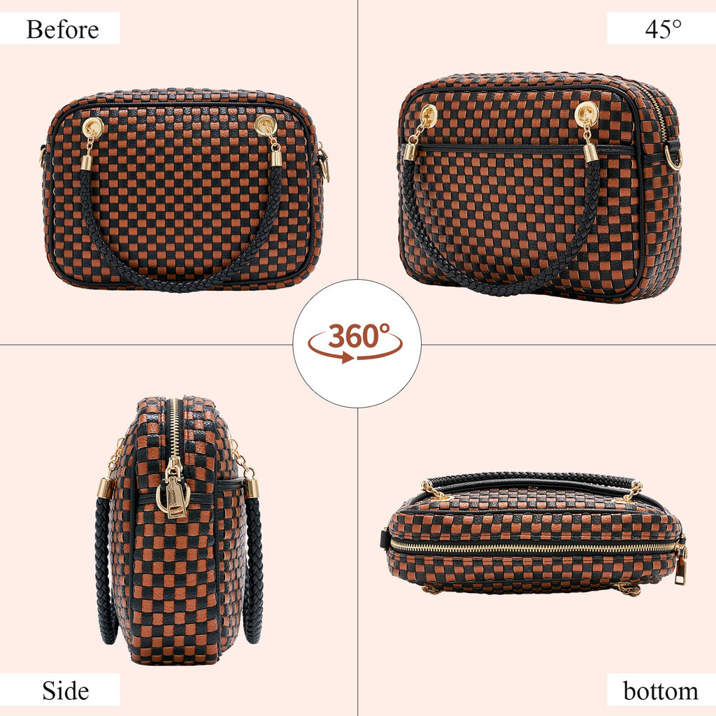 CheckWeave – Chic Checkered Woven Top Handle Crossbody Shoulder Bag in Vegan Leather