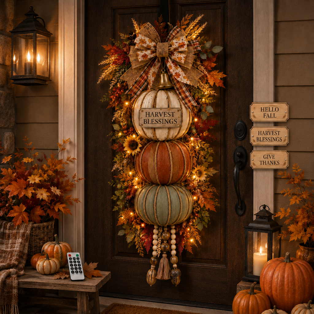 HarvestGlow – 🏡🎃 Lighted Stacked Pumpkin Fall Door Decor with 3 Seasonal Plaques