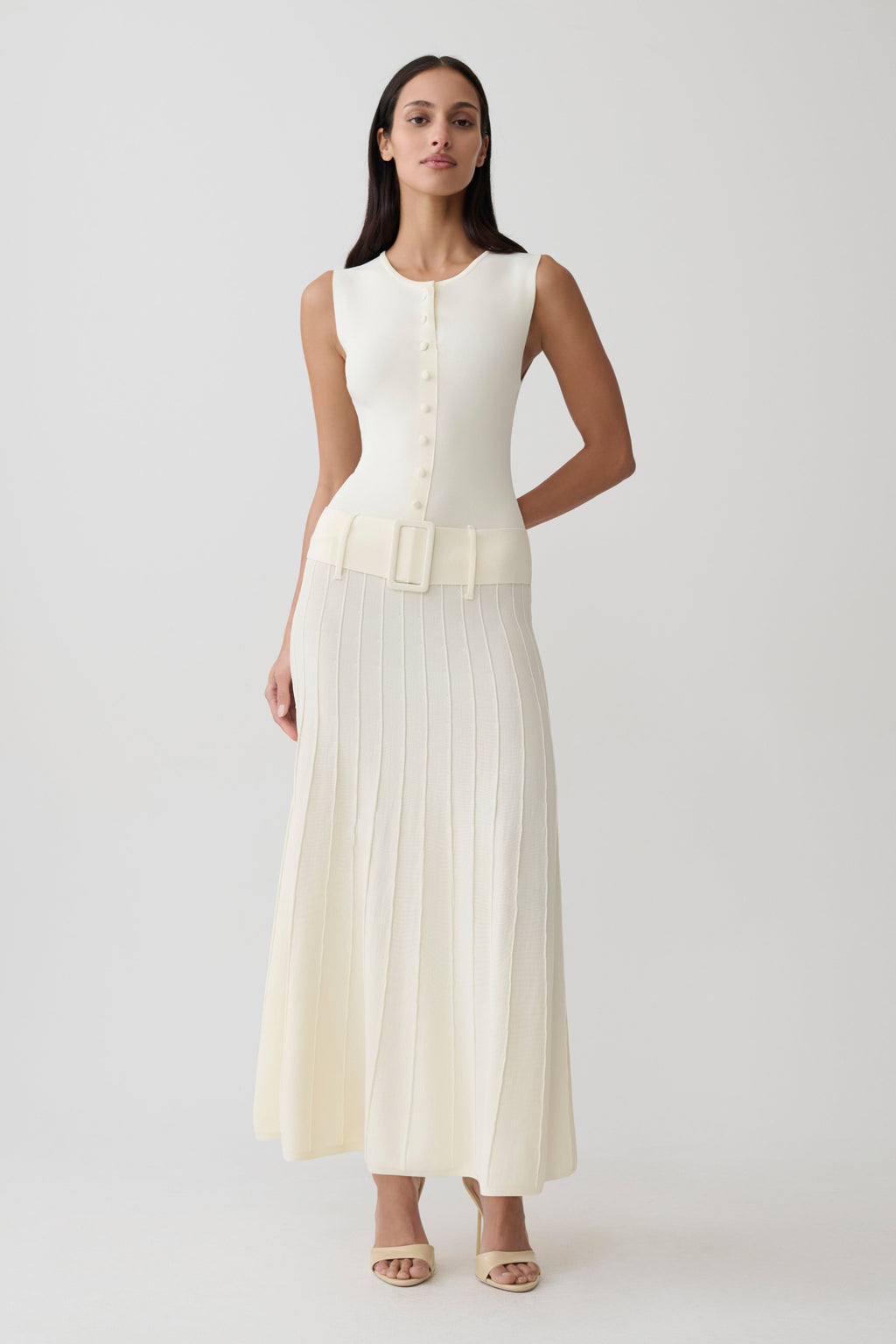 PleatGrace – Ivory Pleated Midi Dress with Drop Waist
