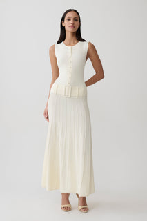 PleatGrace – Ivory Pleated Midi Dress with Drop Waist