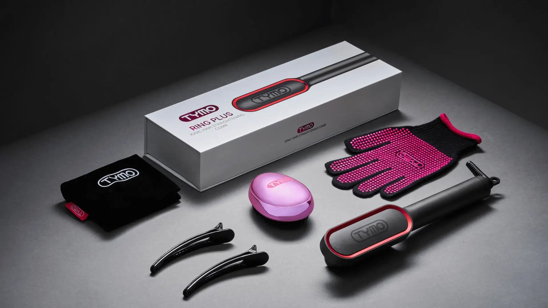 TYMO RING PLUS hair straightener showcased with packaging and accessories. 