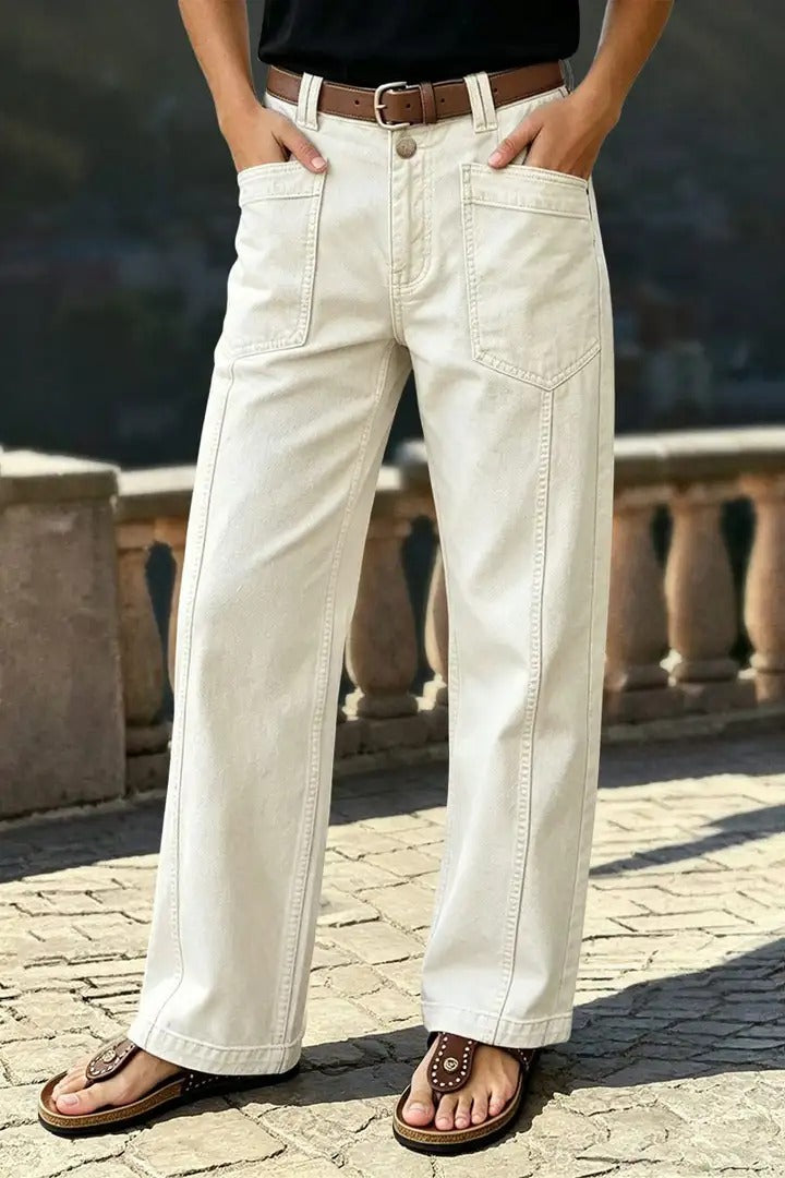 StitchLine – 🔥 Solid Stitch Detail Patch Pocket Mid-Rise Straight-Leg Pants