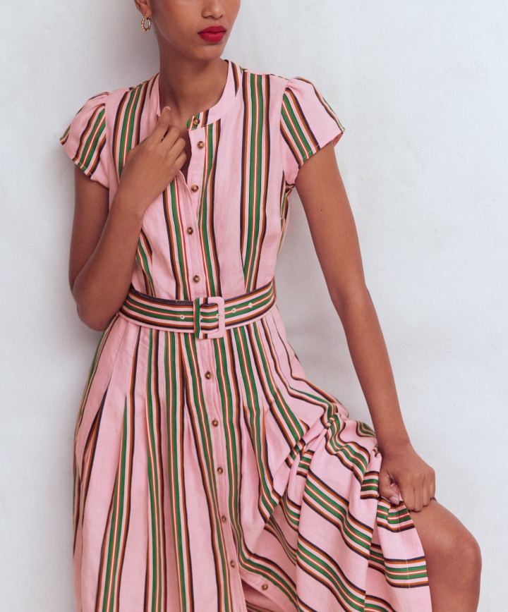 Pink Striped Belted Linen Blend Dress