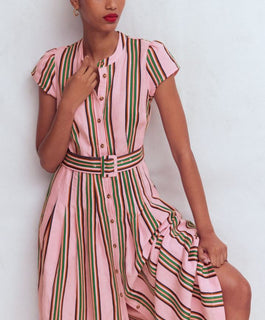 Pink Striped Belted Linen Blend Dress
