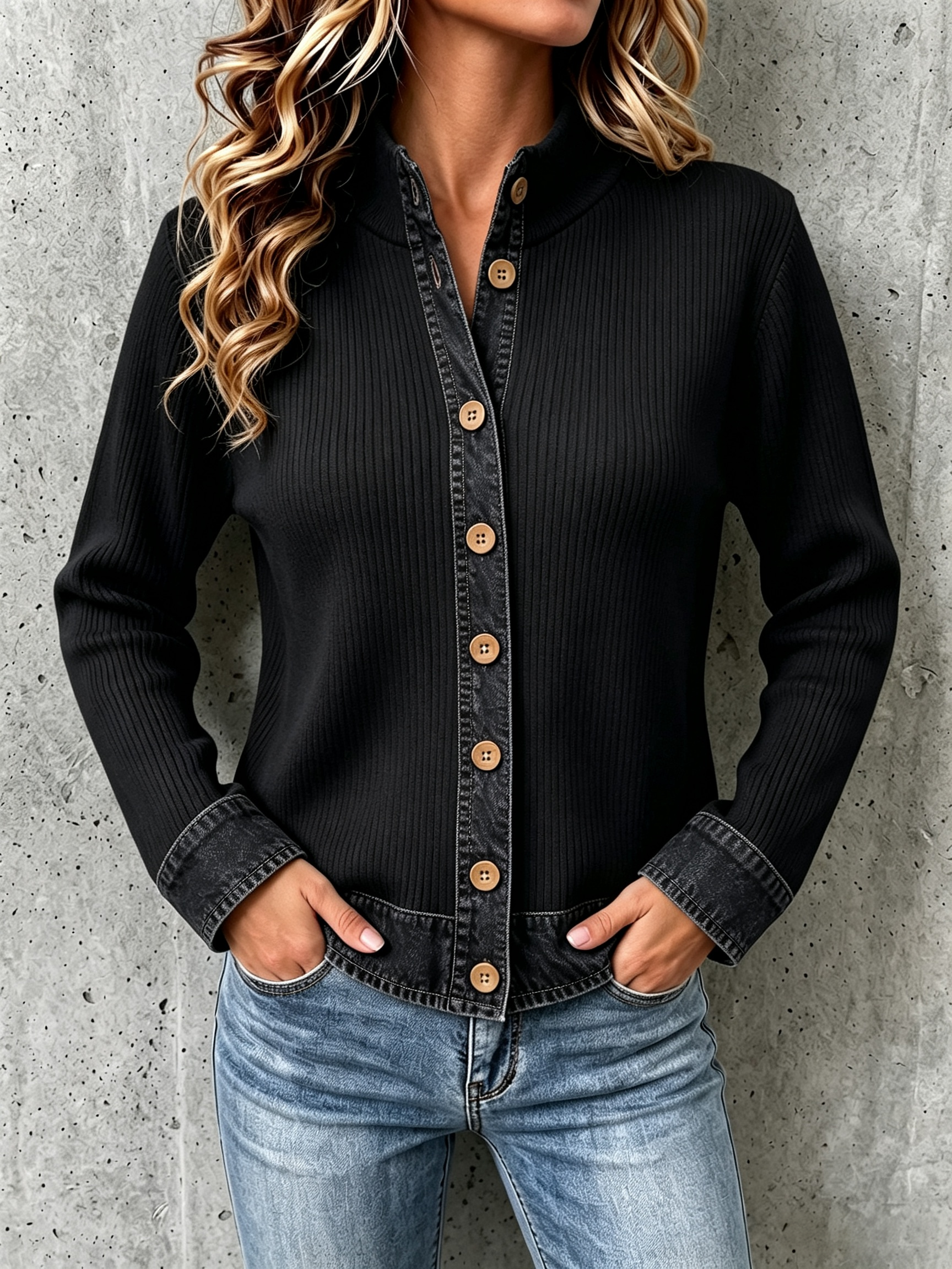 DenimEase – Women's Denim-Paneled Knit Cardigan