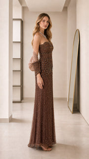 GlimmerGala – Embellished Strapless Evening Gown with Sheer Bolero