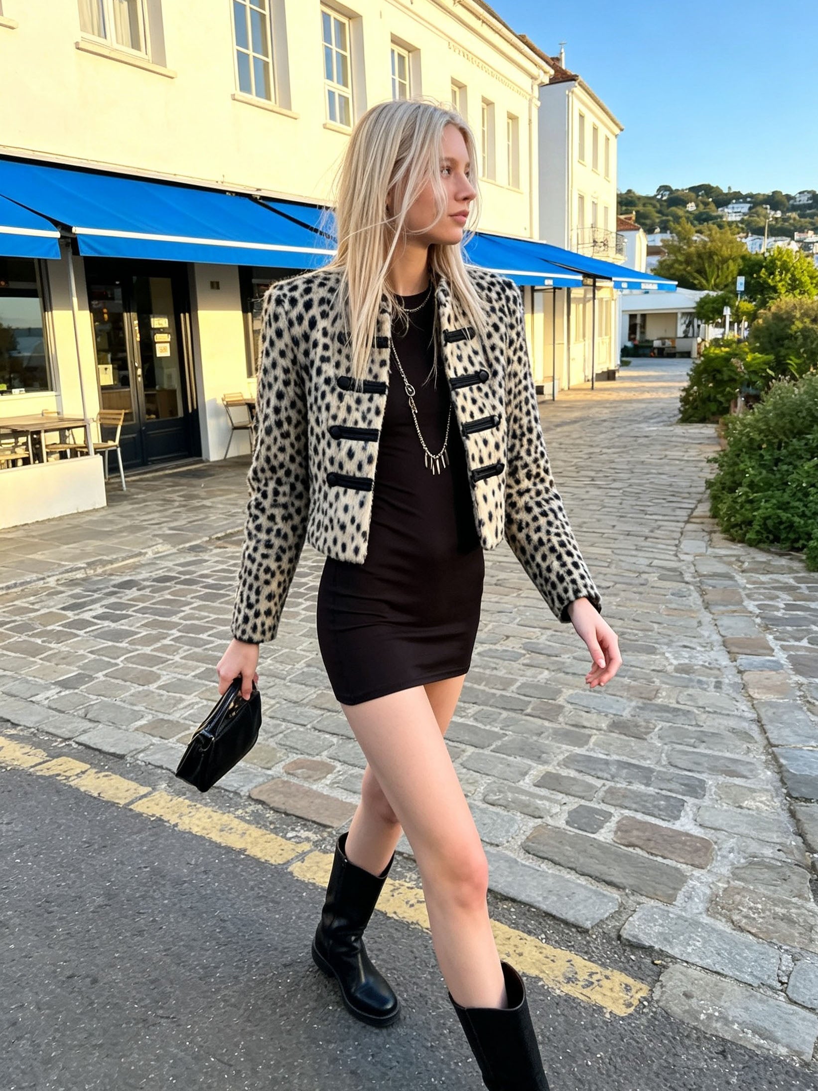 LeoFrost – Snow Leopard Faux Fur Cropped Military Jacket