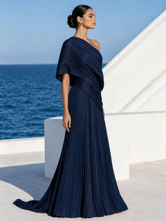 DrapeGala – One Shoulder Pleated Evening Gown