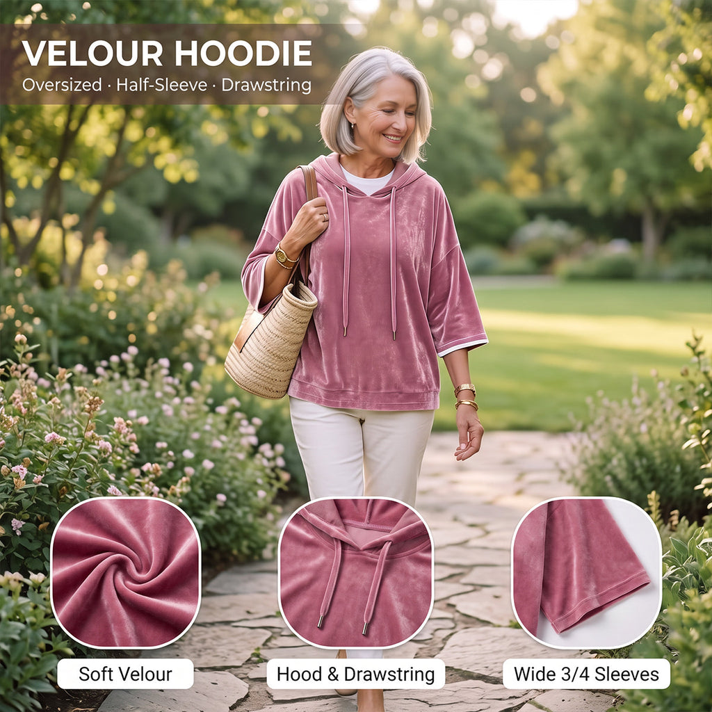 PlushDrape – Women's Velour Oversized Hoodie with 3/4 Sleeves