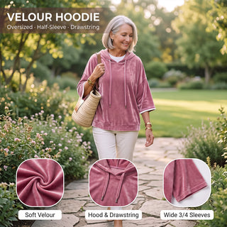 PlushDrape – Women's Velour Oversized Hoodie with 3/4 Sleeves