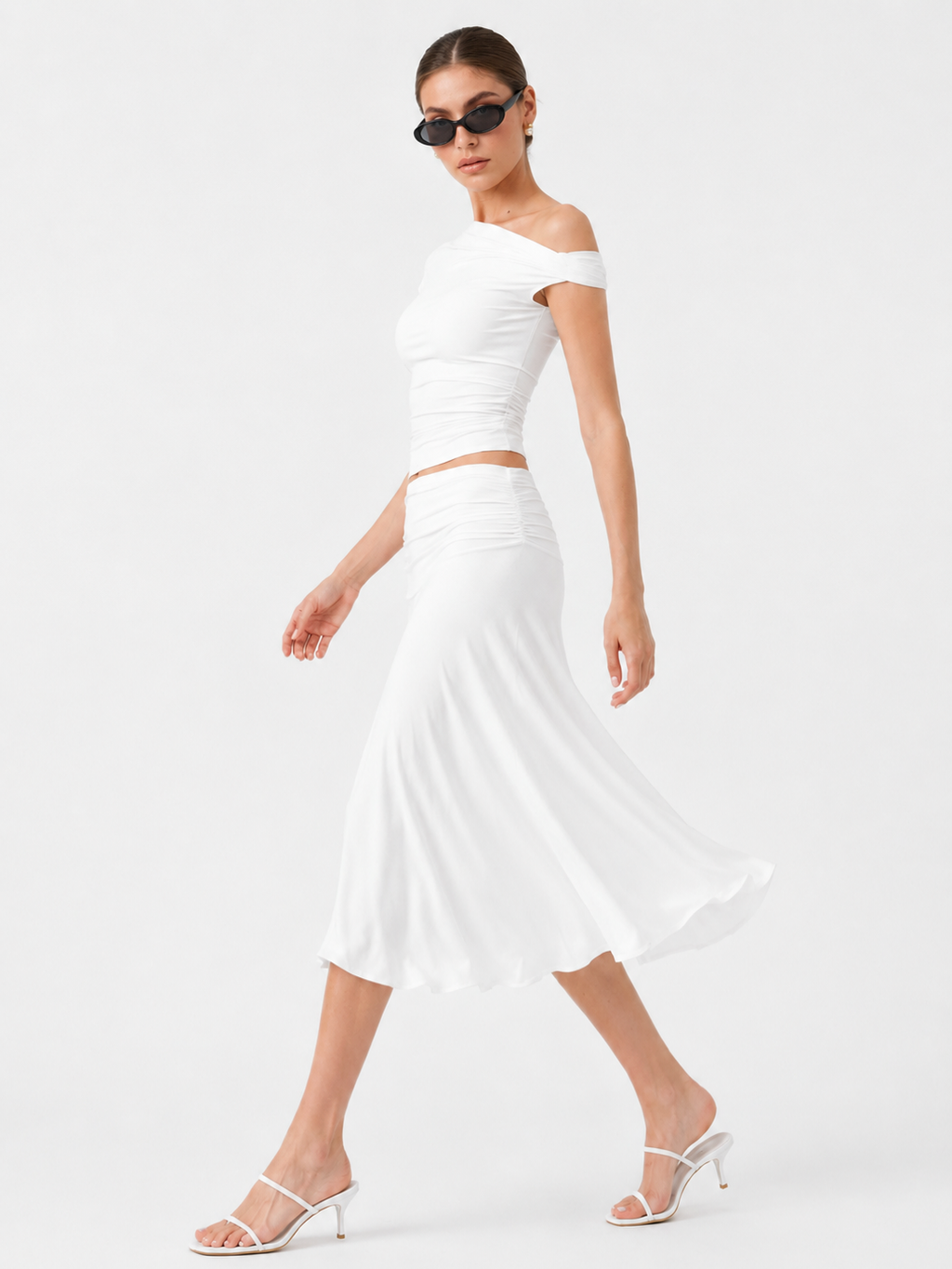 MilayaMuse – Off-the-Shoulder Ruched Top & Midi Skirt Set