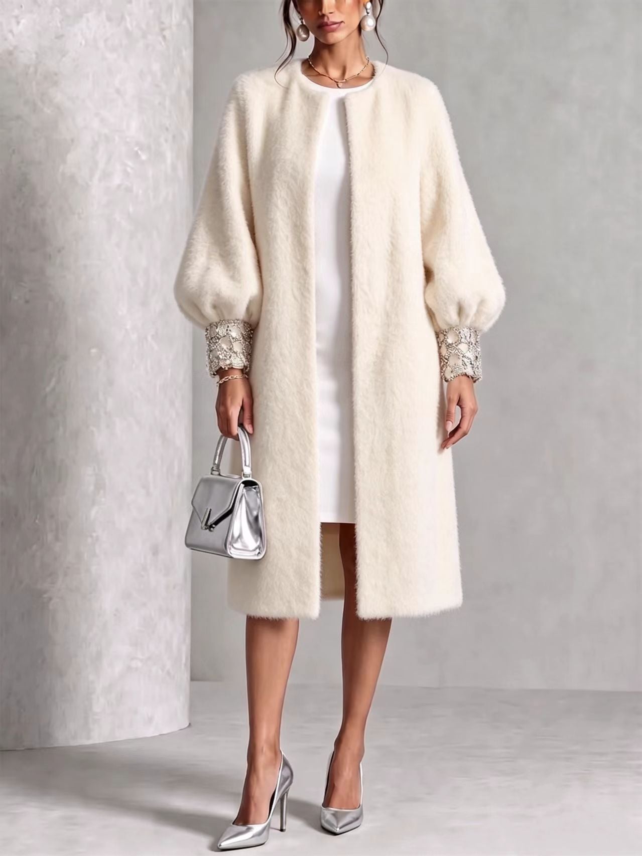 GlimmerCuff – 🤲⏰ Cozy Fuzzy Open-Front Coat with Shiny Cuffs