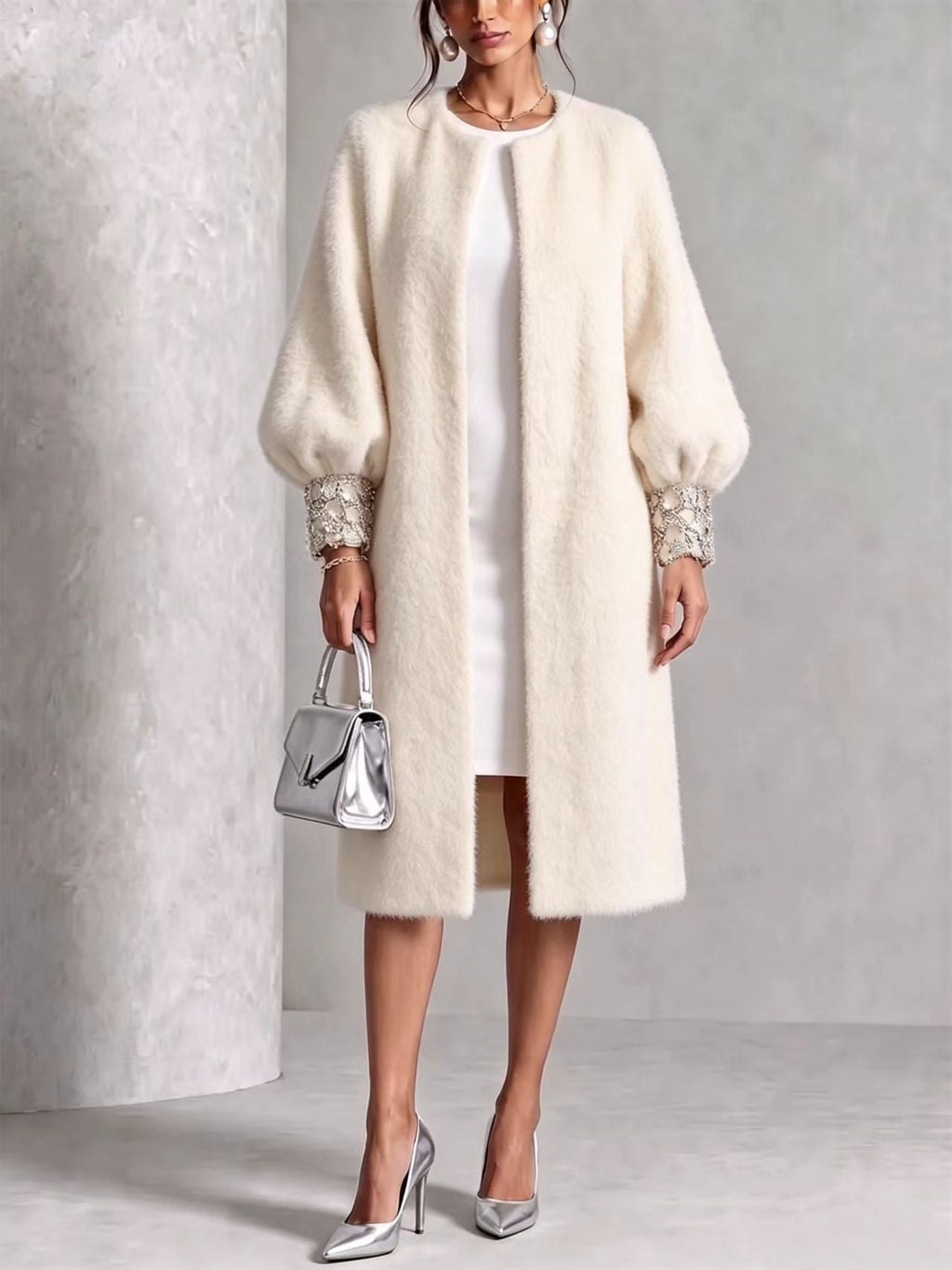 GlimmerCuff – 🤲⏰ Cozy Fuzzy Open-Front Coat with Shiny Cuffs