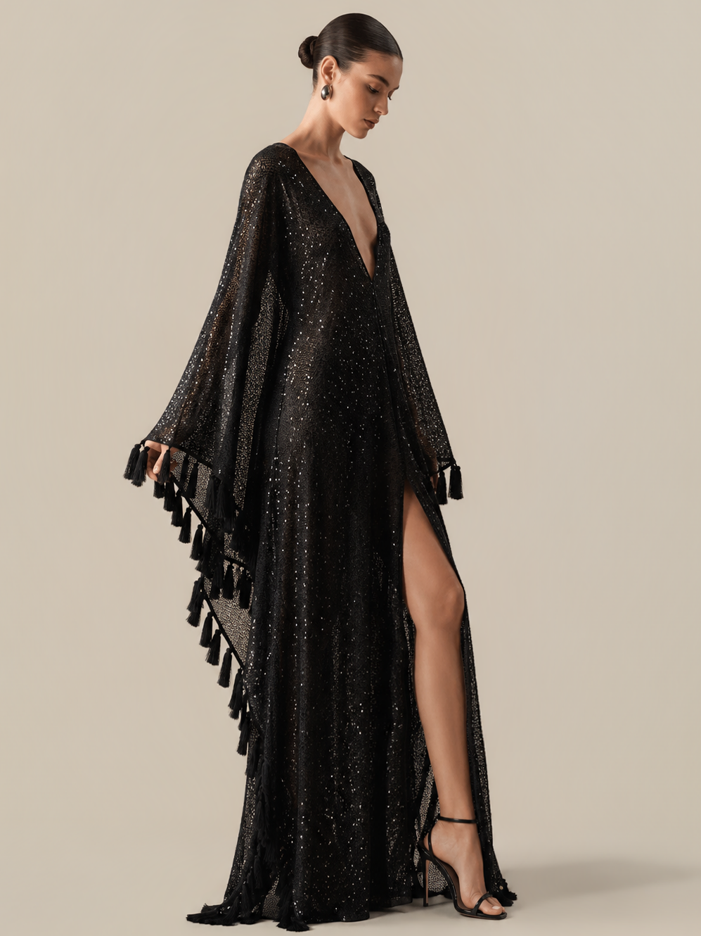 ShimmerDrift – Sequined Fringe-Trim Plunge V-Neck Maxi Kaftan Dress