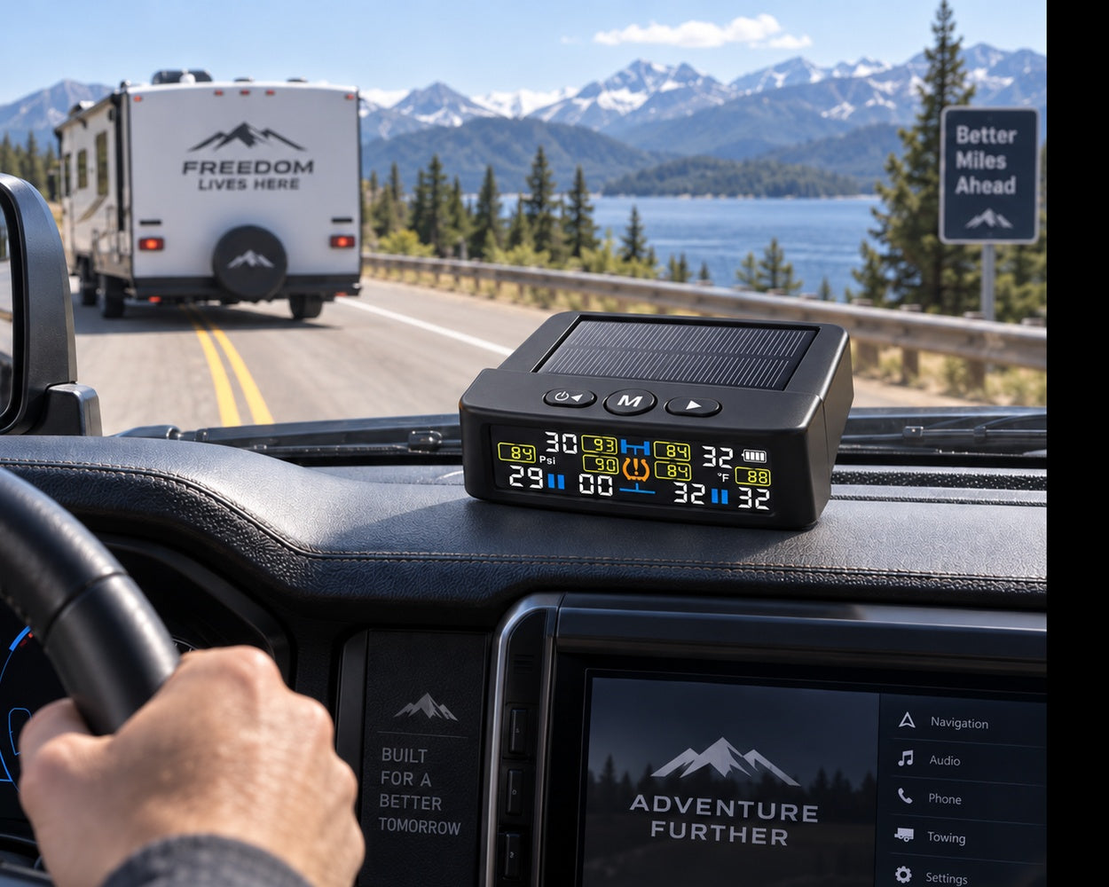 AurenceX TPMS monitoring tires while towing an RV