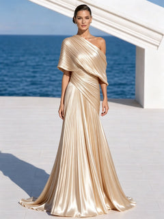 DrapeGala – One Shoulder Pleated Evening Gown