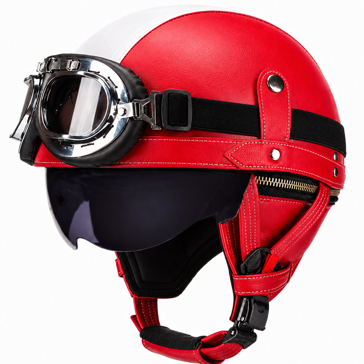 AviatorRide – Vintage PU Leather DOT Motorcycle Half Helmet with Goggles