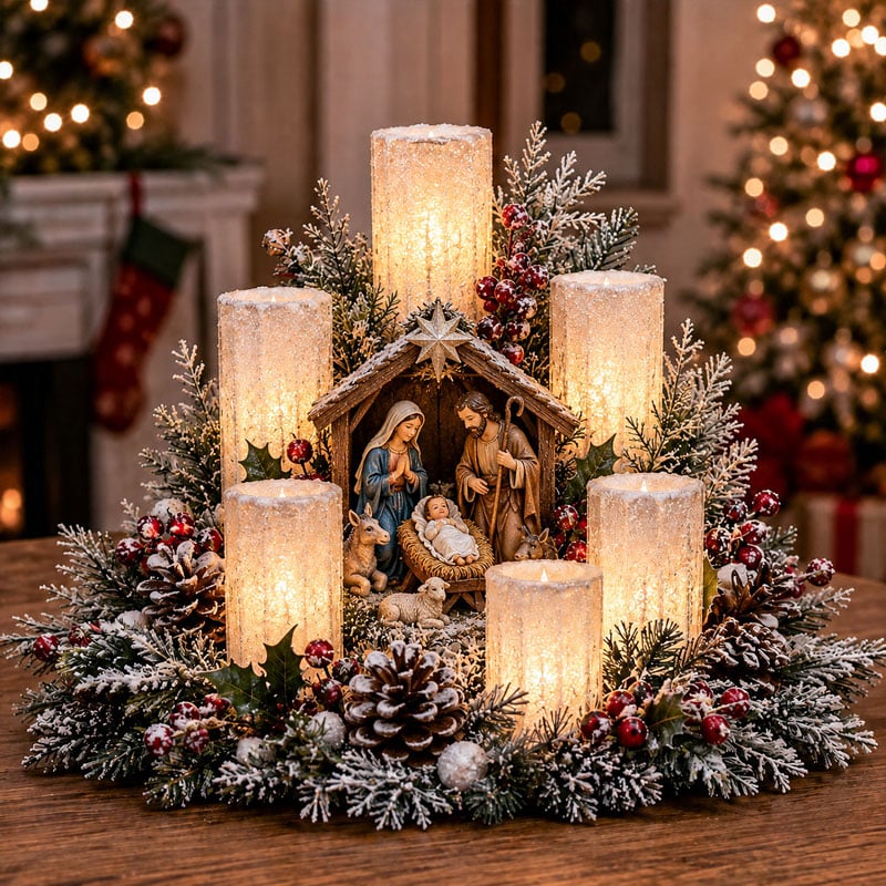 🌲YuleGlow – Christmas Lighted Centerpiece with Flameless Candle Glow