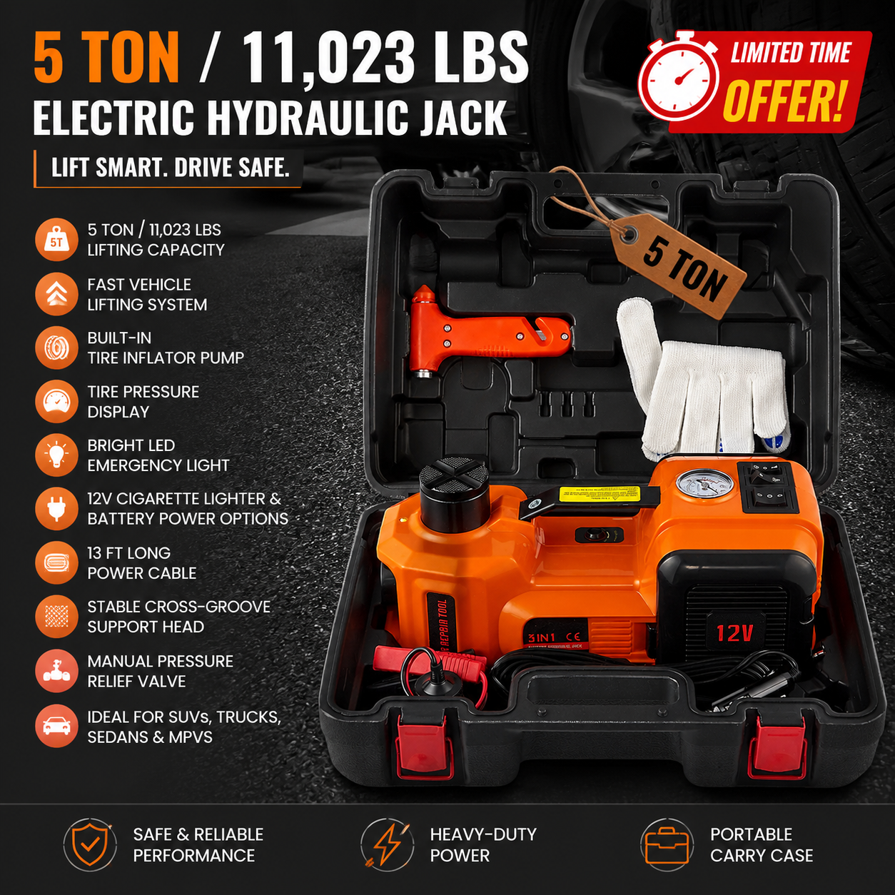JackVolt – 💯🚗 5 Ton Electric Hydraulic Car Jack Lift with Air Pump
