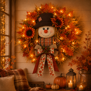 HarvestGlow – Lighted Scarecrow Fall Wreath