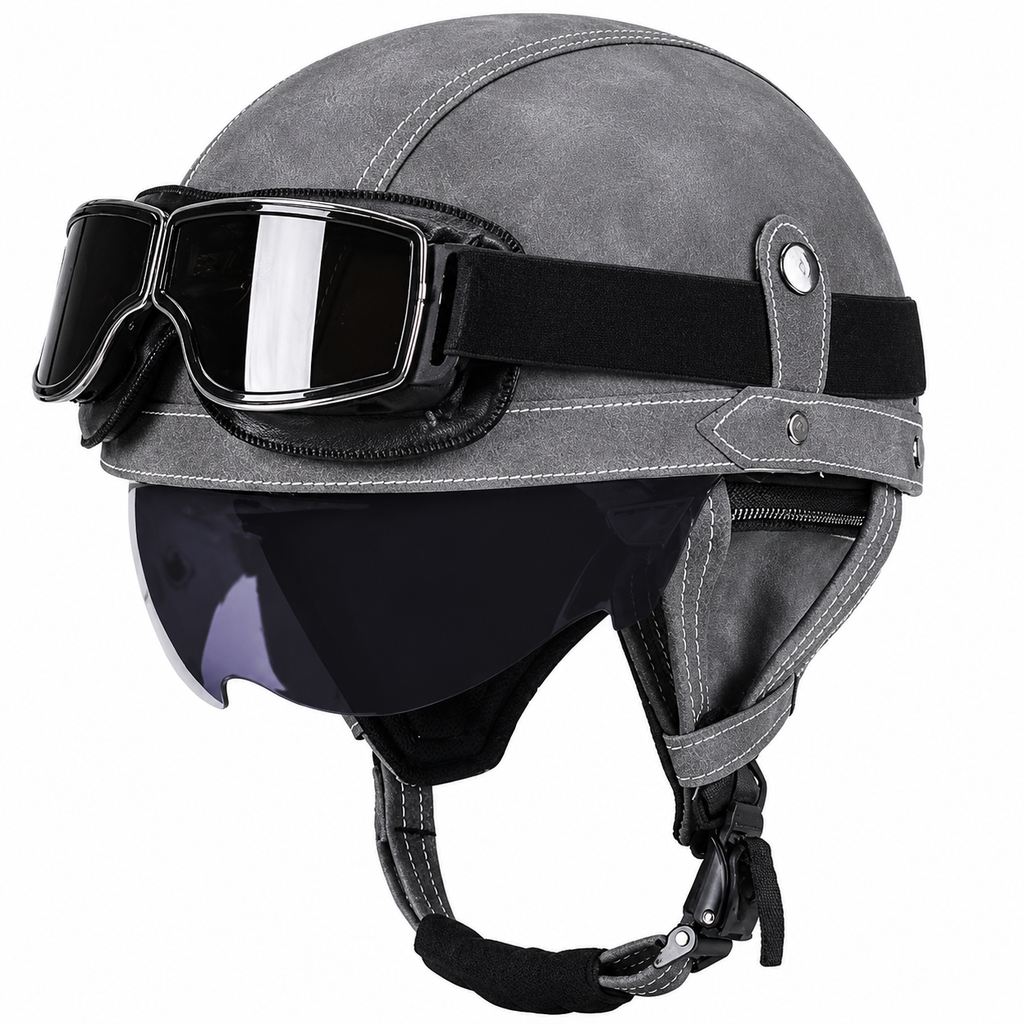 AviatorRide – Vintage PU Leather DOT Motorcycle Half Helmet with Goggles
