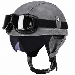 AviatorRide – Vintage PU Leather DOT Motorcycle Half Helmet with Goggles