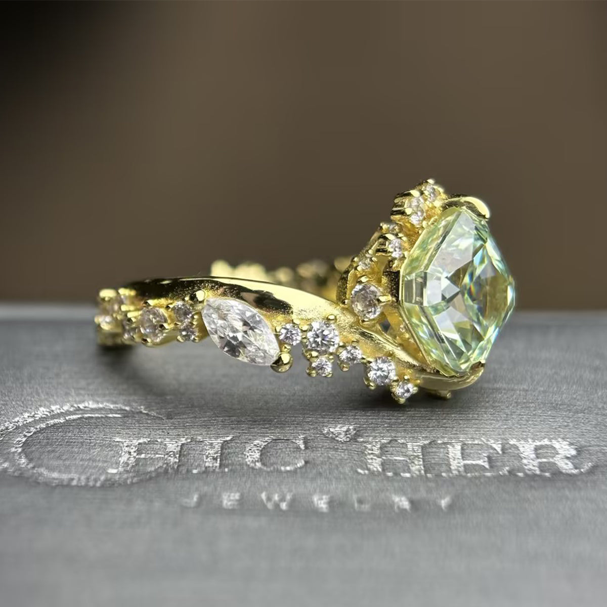 MintCrest – 3ct Cushion-Cut Mint Green Sapphire & White Sapphire Asymmetrical Cluster Ring