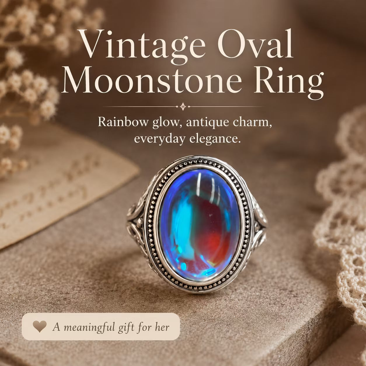 💎LunaGlow – Vintage Rainbow Moonstone Ring with Oval Cabochon Filigree Setting