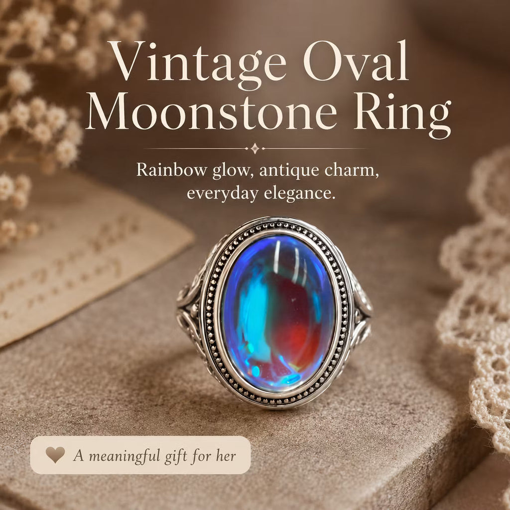 💎LunaGlow – Vintage Rainbow Moonstone Ring with Oval Cabochon Filigree Setting