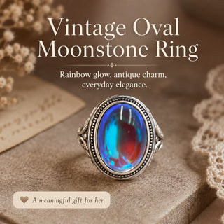 💎LunaGlow – Vintage Rainbow Moonstone Ring with Oval Cabochon Filigree Setting