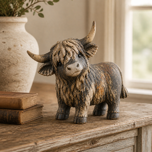 🐮 CuriousCoo – Rustic Highland Cow Figurine for Charming Farmhouse Tabletop Decor