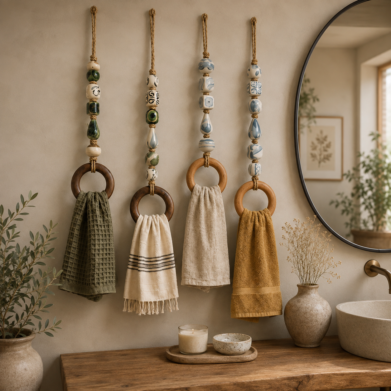 TerraLoop – Decorative Beaded Towel Hanger with Wooden Ring