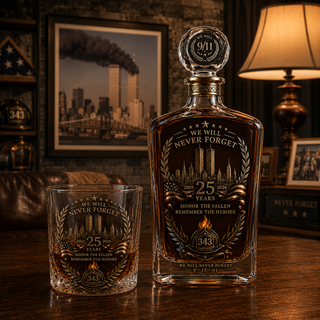 🕯️ TributeCrest – 9/11 25th Anniversary Memorial Whiskey Decanter & Glass Gift Set, We Will Never Forget 343 Heroes