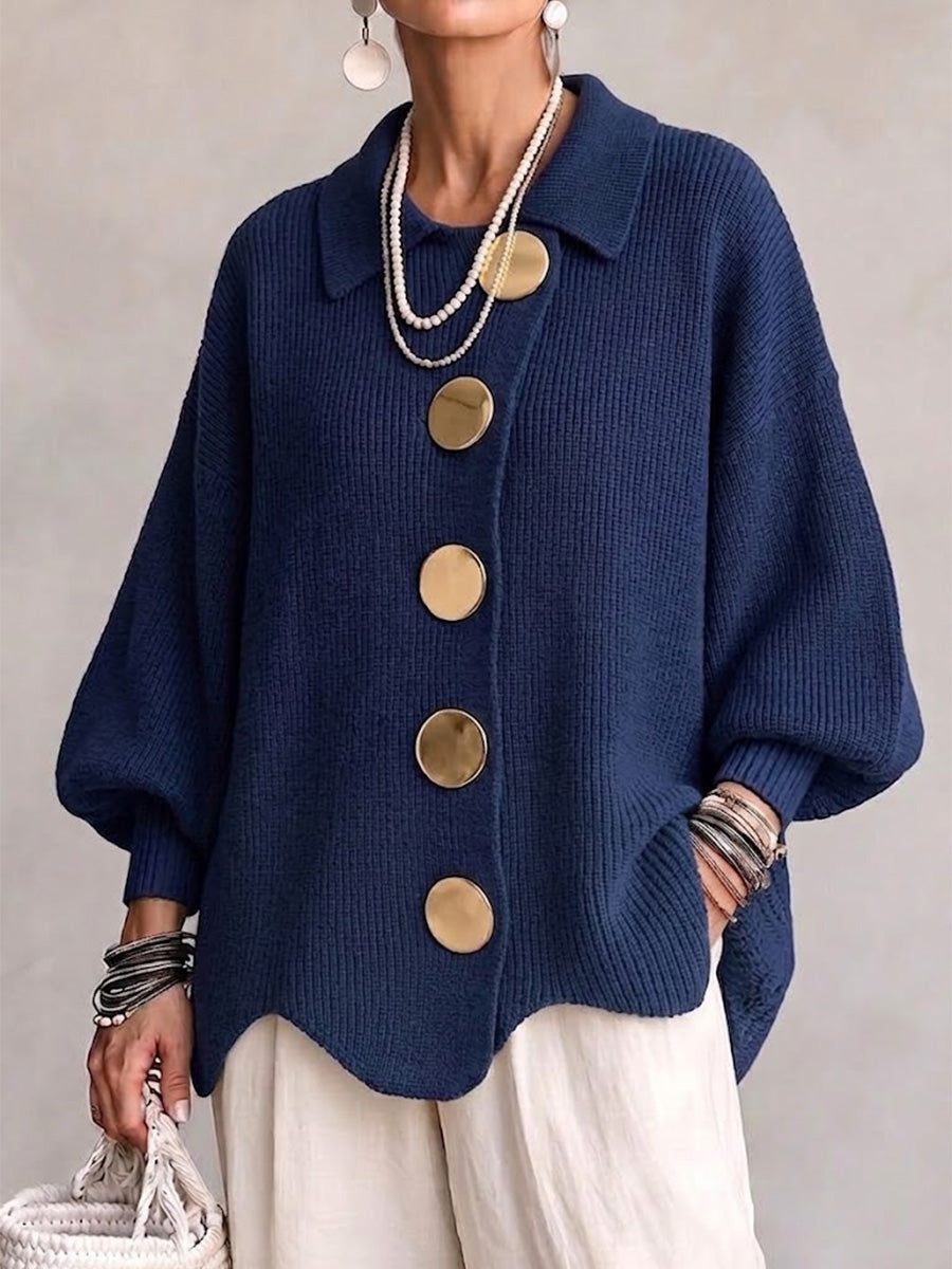 CoinKnit – 🤲⏰ Oversized Collared Knit Cardigan With Large Metal Buttons