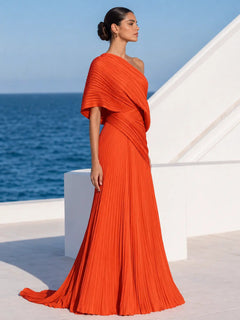 DrapeGala – One Shoulder Pleated Evening Gown