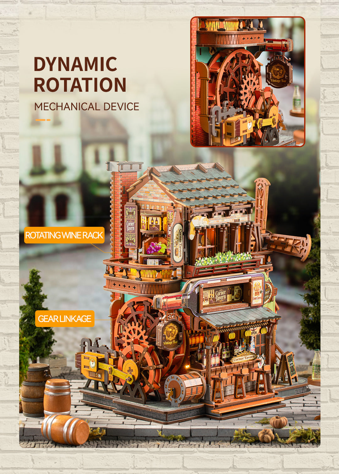 Corner Tavern rotating wine rack and visible gear linkage