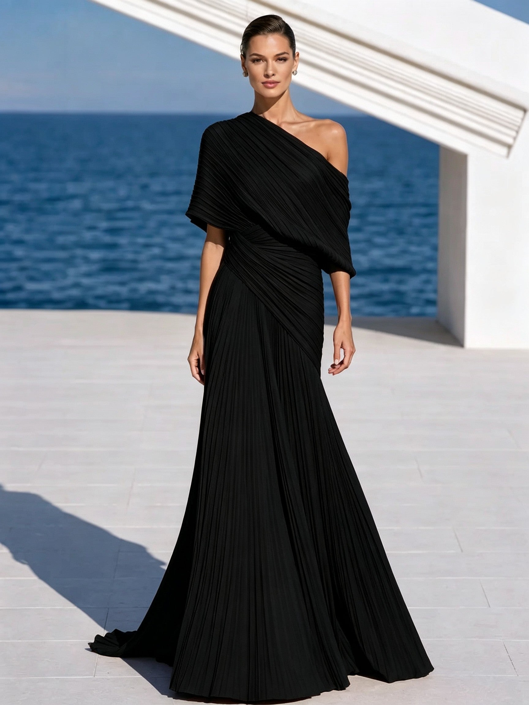 DrapeGala – One Shoulder Pleated Evening Gown