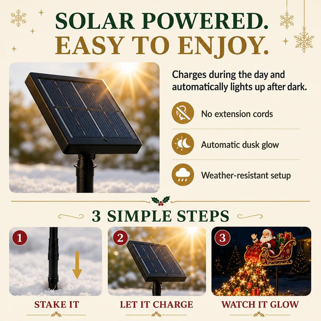 SleighGlow – 🔥🎅✨ Santa's Flying Sleigh Gift Cascade Solar Christmas Garden Light
