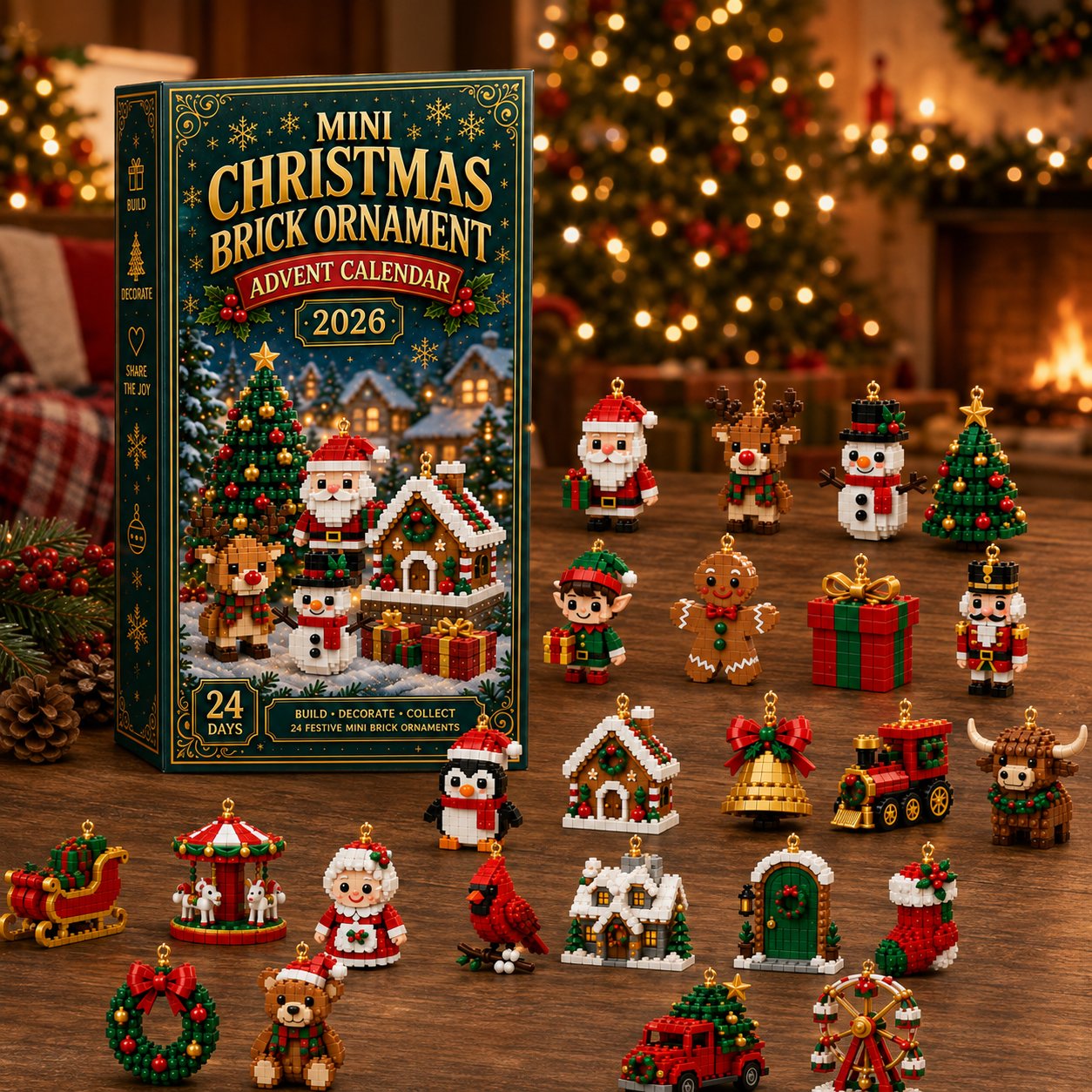 BrickNoel – ⏳🎄 24-Day Mini Christmas Brick Ornament Advent Calendar with Hanging Loops 🧱
